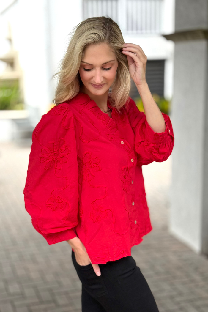 The Marlowe Textured Floral Button Top in Red