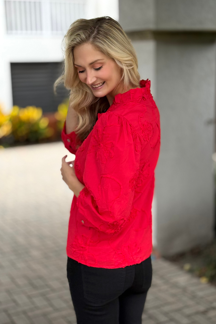 The Marlowe Textured Floral Button Top in Red