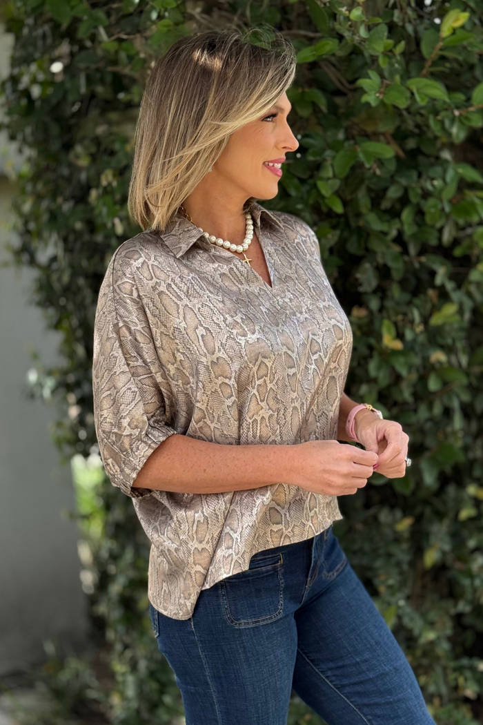 The Milan Snakeskin Shimmer Top in Pearl