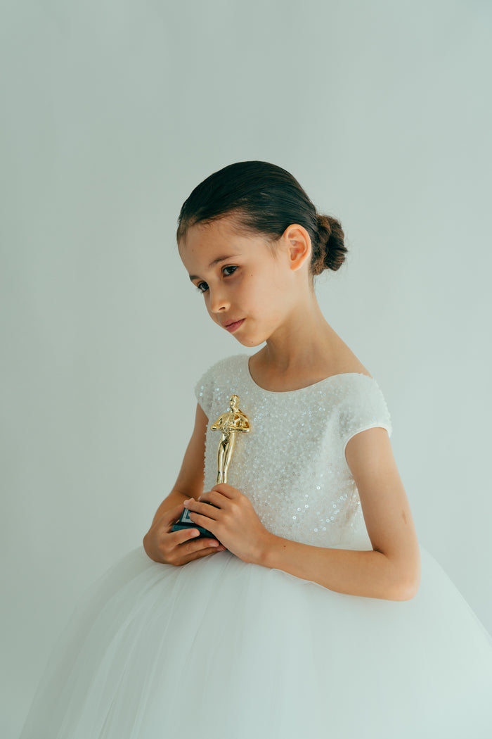 Round neck sequin top dress with fluffy tulle skirt for girls