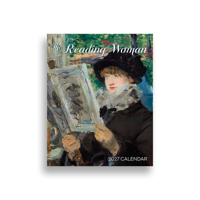 The Reading Woman 2027 calendar featuring an impressionist painting of a woman holding a book, shown on a clean white background with a soft drop shadow.