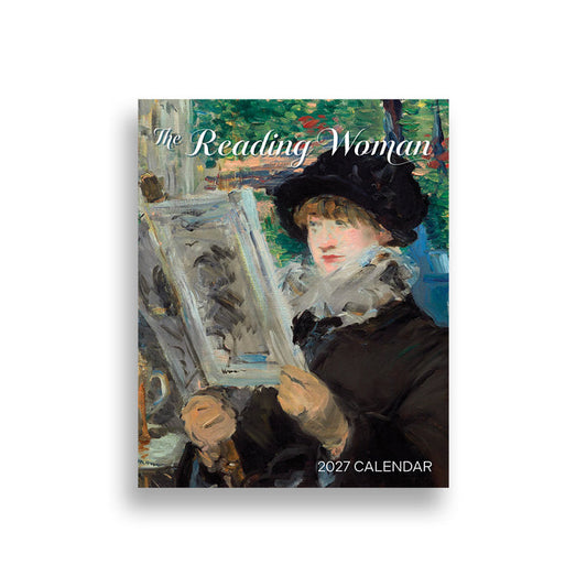 The Reading Woman 2027 calendar featuring an impressionist painting of a woman holding a book, shown on a clean white background with a soft drop shadow.