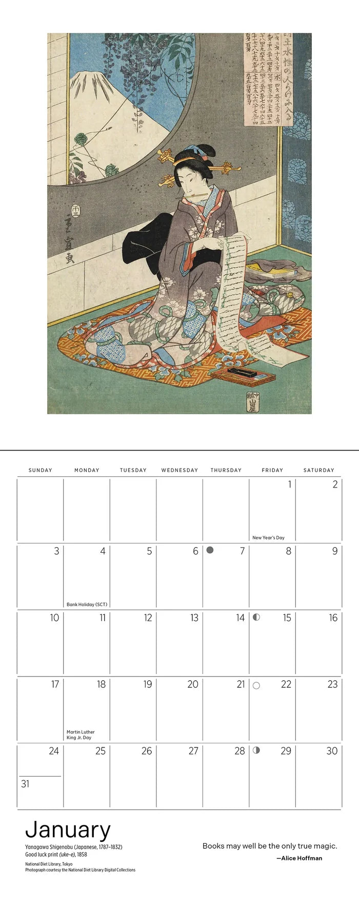 Calendar page with illustration of a woman reading a document.