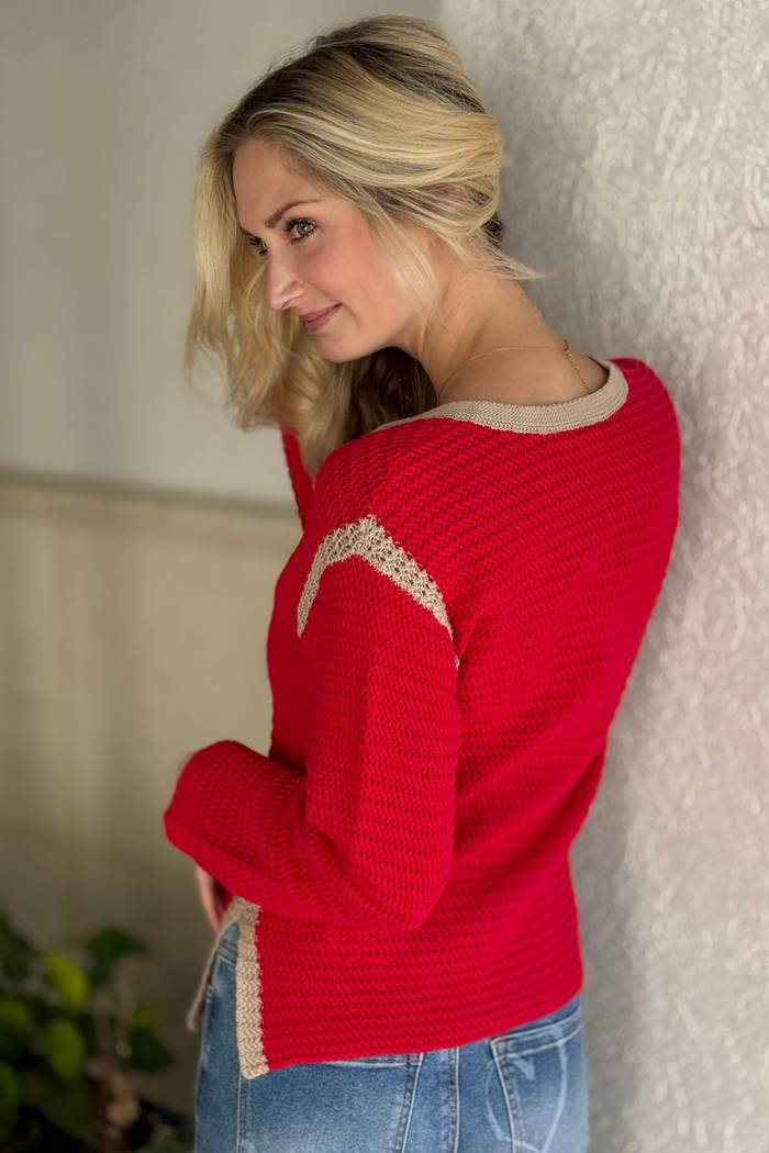 Red and camel contrast sweater from Tribal Spring 2026