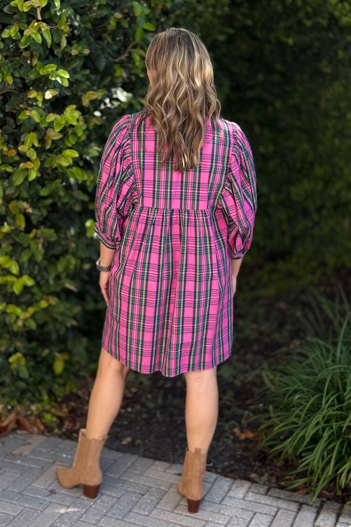 The Shipley Pink Plaid Ruffle Shirt Dress by Mud Pie
