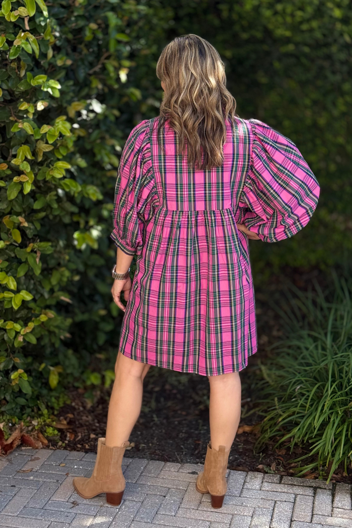 The Shipley Pink Plaid Ruffle Shirt Dress by Mud Pie