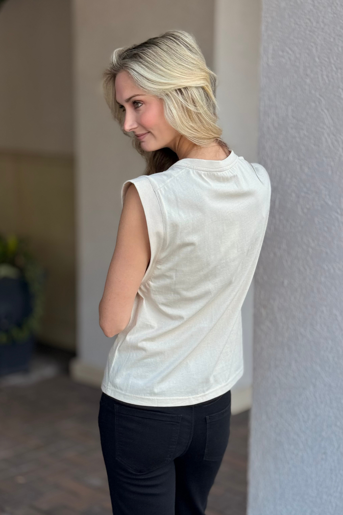 Casual festive tank top with embroidered lettering