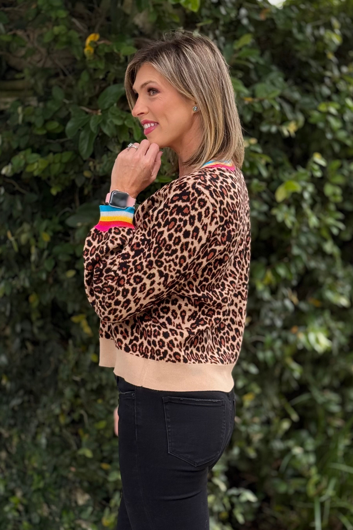 Long sleeve button-down leopard print sweater for women