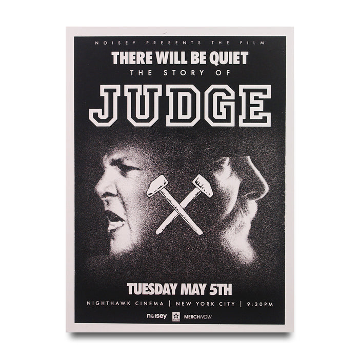 Black and white movie poster with two shouting faces in profile and crossed gavels, promoting Judge: There Will Be Quiet, screening Tuesday, May 5th, 9:30 PM at Nighthawk Cinema, New York City.