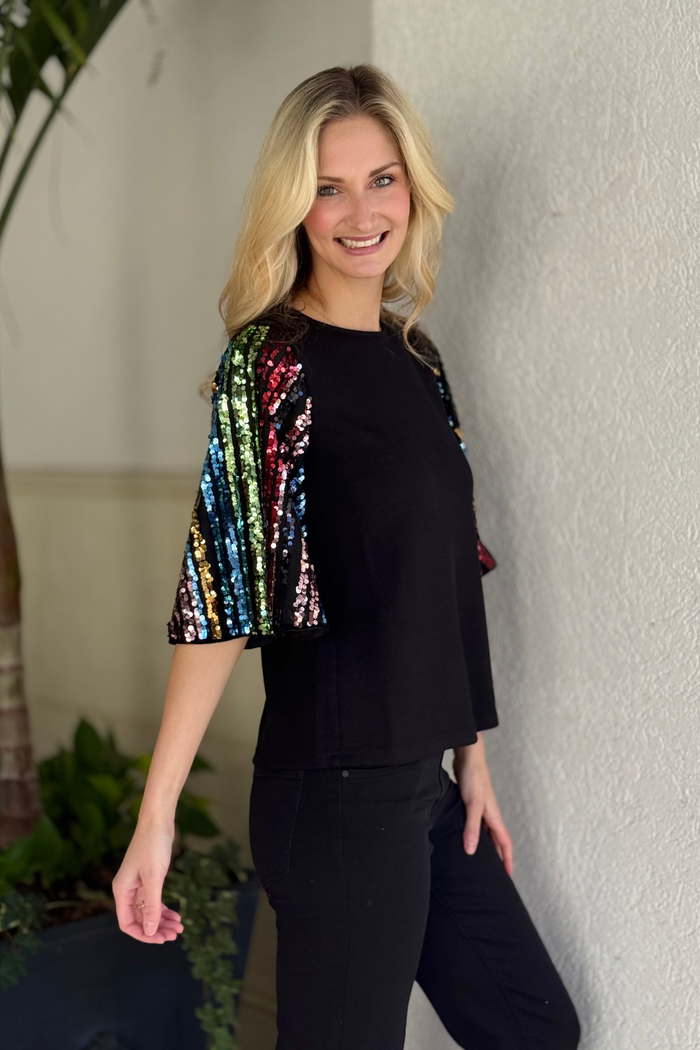 THML Midnight Spark Mixed Media Bell Sleeve Top