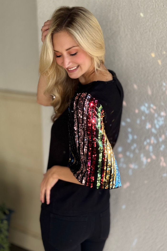 THML Midnight Spark Mixed Media Bell Sleeve Top