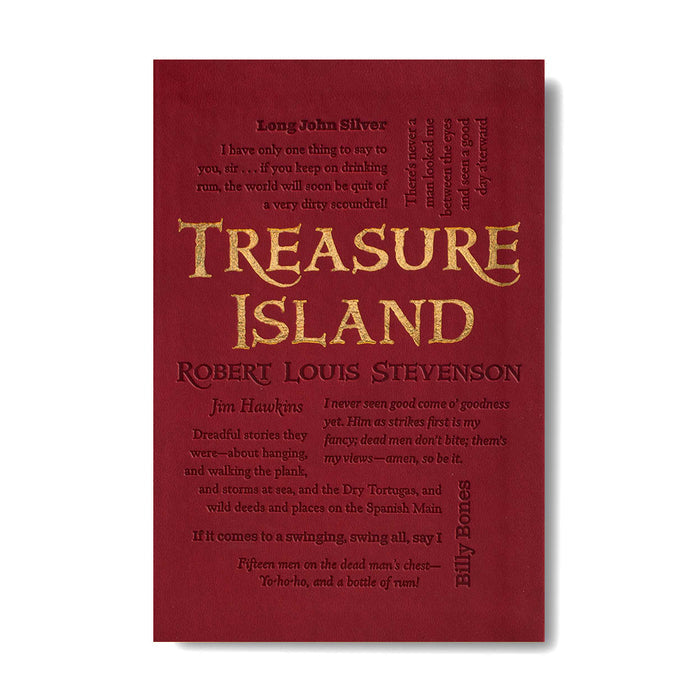 A book cover for 'Treasure Island' by Robert Louis Stevenson, featuring a deep red background with gold and dark red typography, shown against a plain white background.