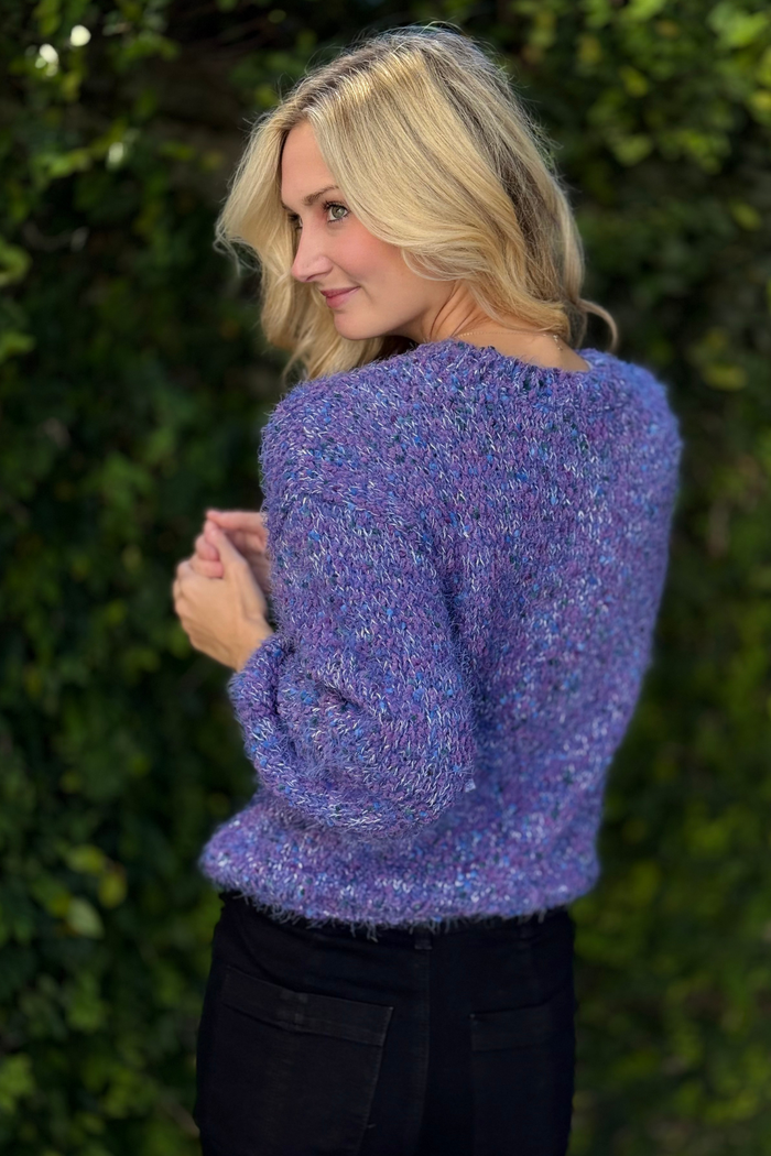 Tribal Fuzzy Eyelash Drop Shoulder Puff Sleeve Sweater – M Blue Violet