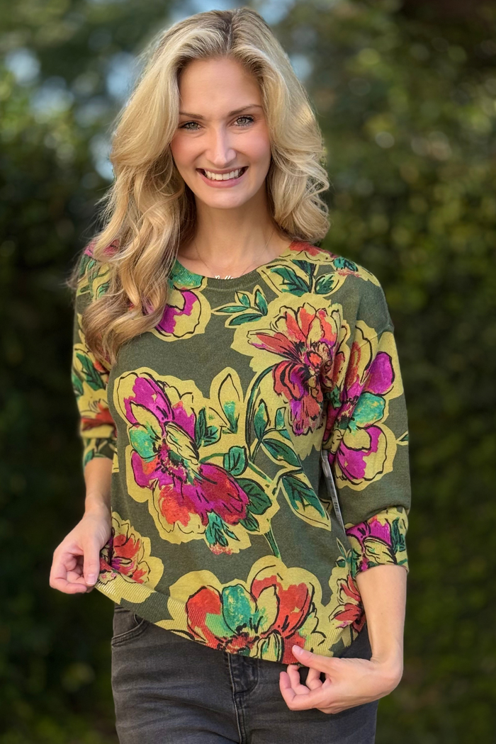 TRIBAL Soft Yarn Floral Crewneck Sweater – 3/4 Sleeve