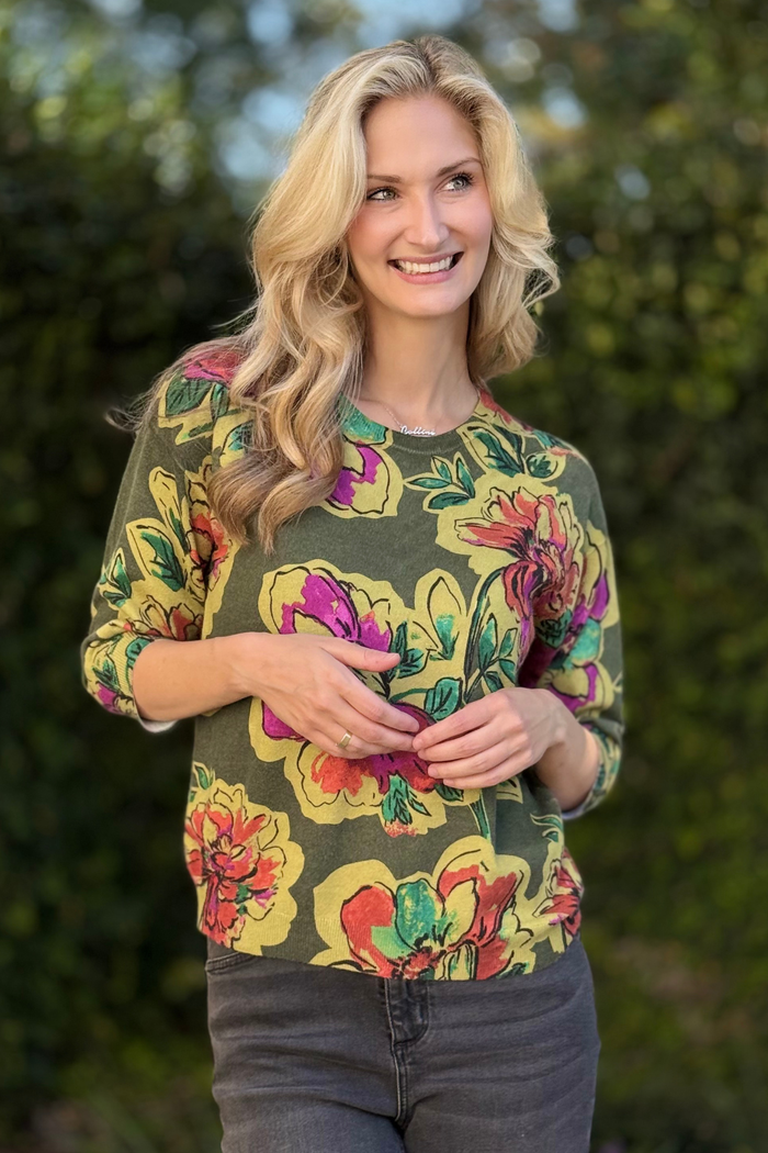 TRIBAL Soft Yarn Floral Crewneck Sweater – 3/4 Sleeve