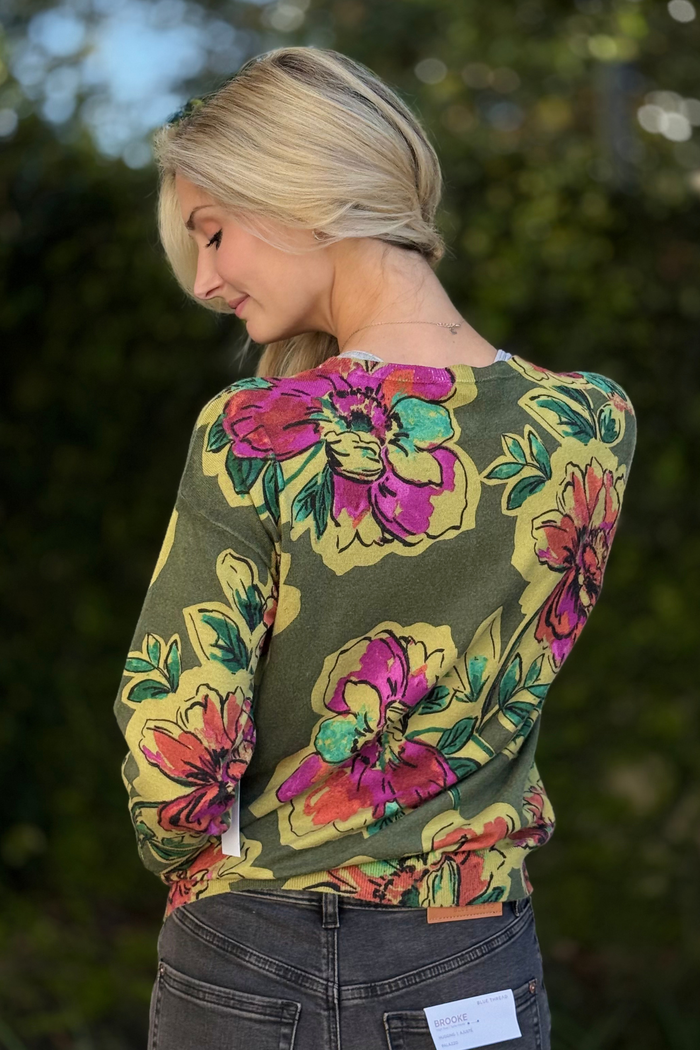 TRIBAL Soft Yarn Floral Crewneck Sweater – 3/4 Sleeve