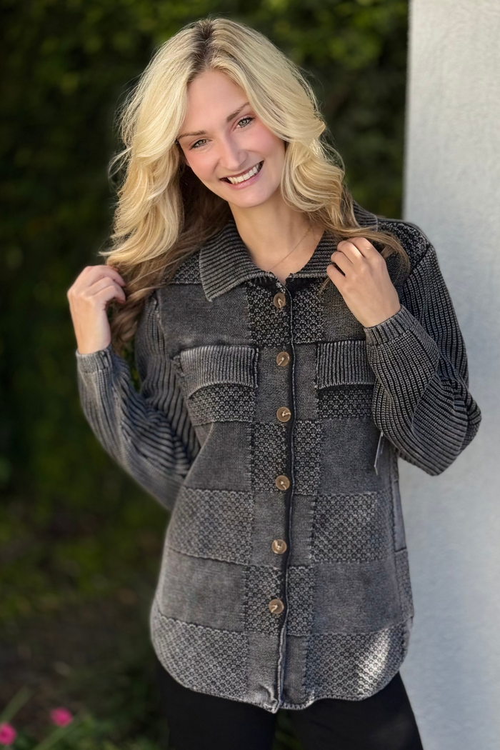 Front view of Tribal Special Wash Sweater Cardigan in Black