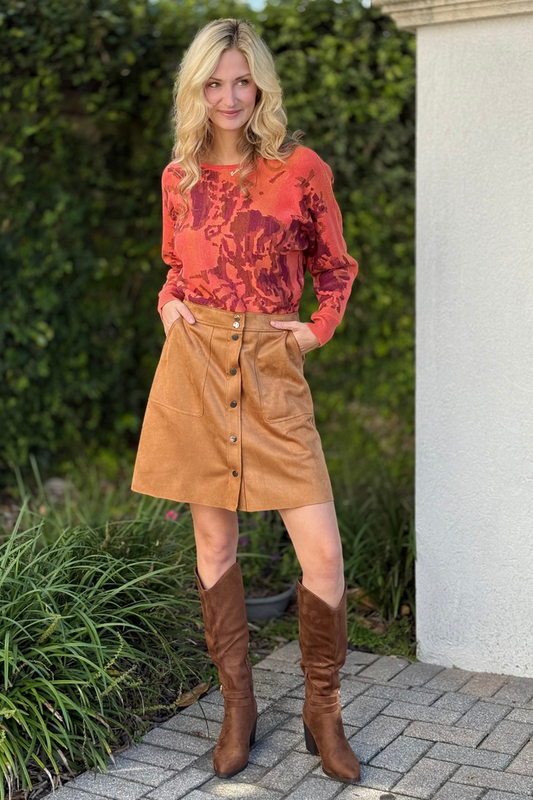 Front view of Tribal Suede A-Line Button Front Skirt in Biscotti
