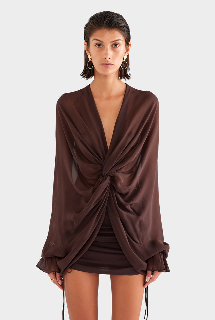 Twisted Bodice Silk Mini Dress - Dark Chocolate