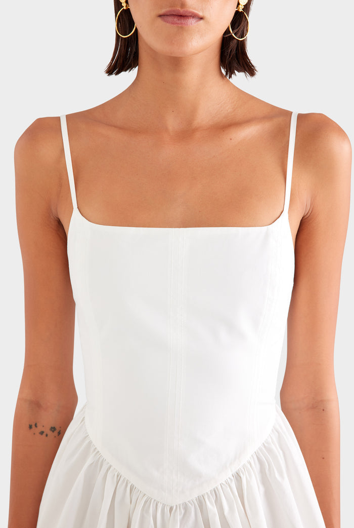 V Waist Cotton Mini Dress - Off White