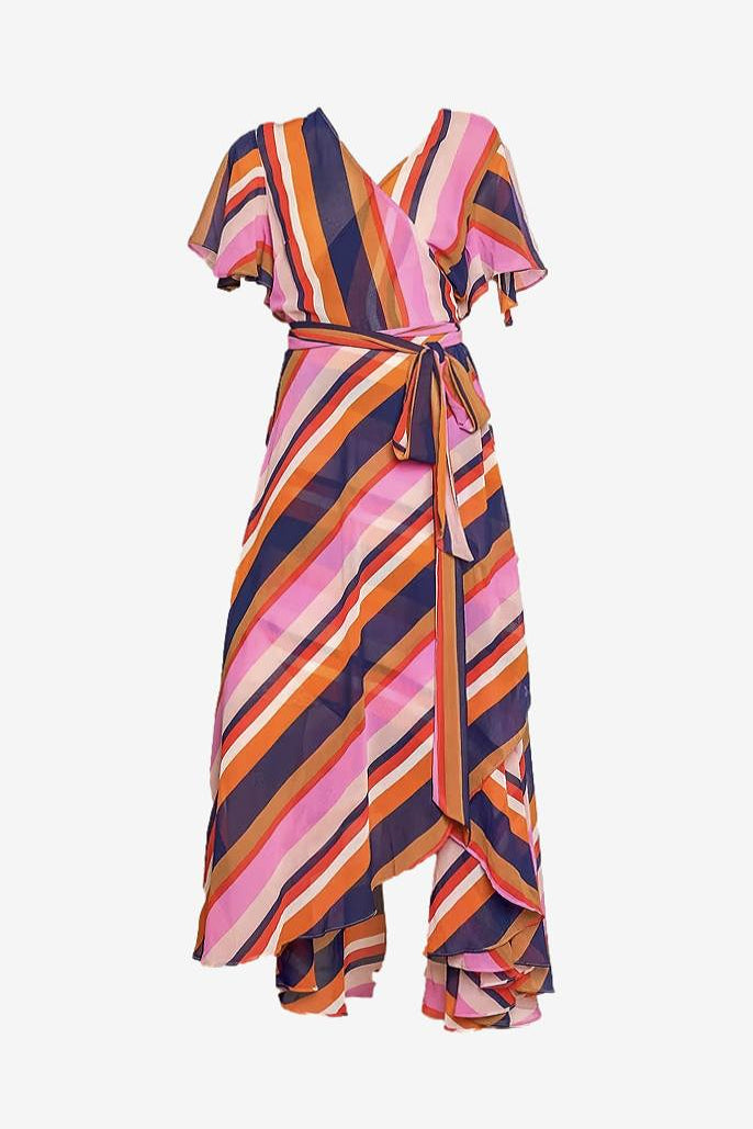 Vintage Striped Sheer Wrap Midi Dress image 0