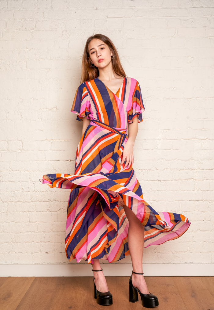 Vintage Striped Sheer Wrap Midi Dress image 1