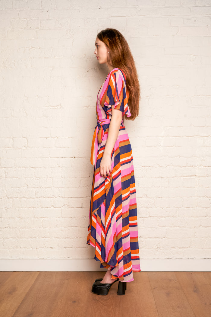 Vintage Striped Sheer Wrap Midi Dress image 2