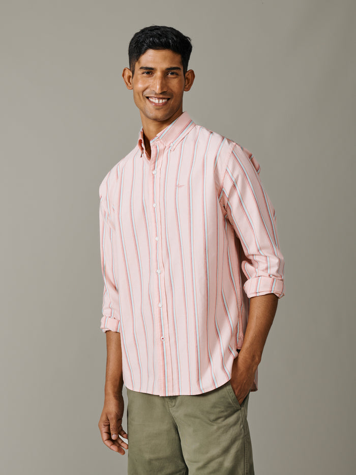 Aubin Coral Stripe Walesby Lightweight Relaxed Oxford Shirt | Oxford Shirt