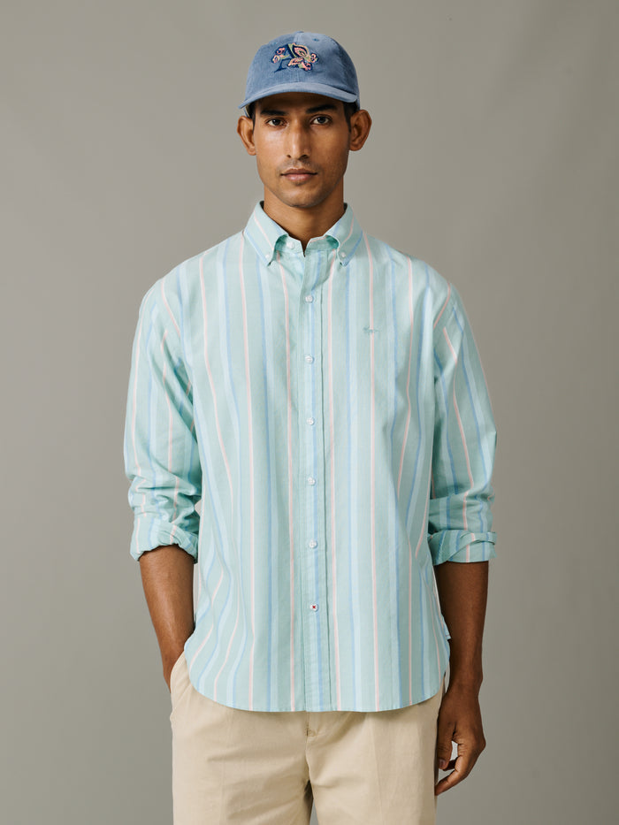 Aubin Green Stripe Walesby Lightweight Relaxed Oxford Shirt | Oxford Shirt