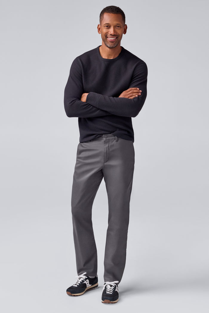 Full front view of a man wearing Warmknit Waffle Crew in True Black