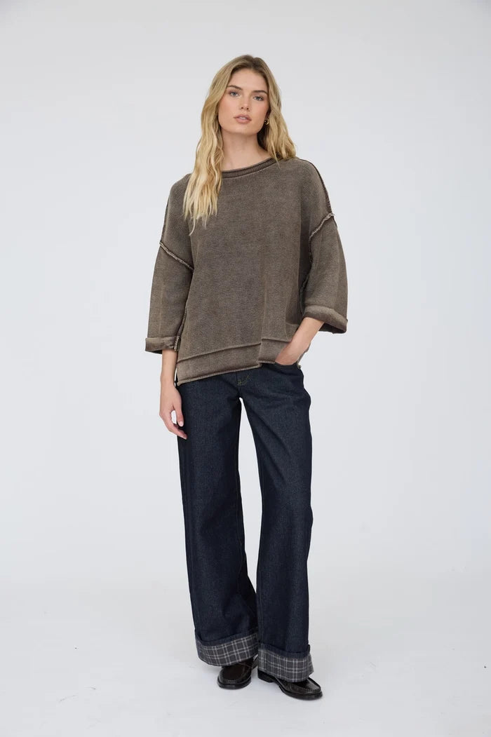 Washed Inverted Seam Short Sleeve Sweatshirt