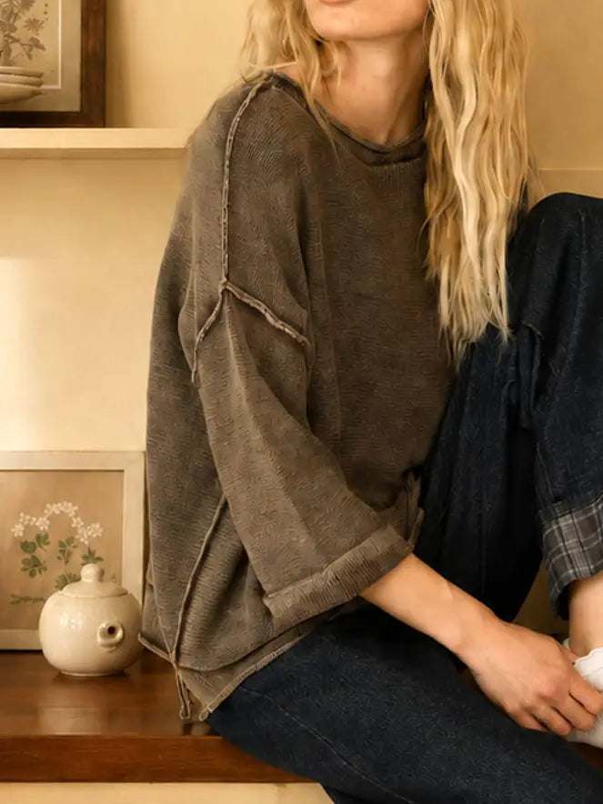 Washed Inverted Seam Short Sleeve Sweatshirt
