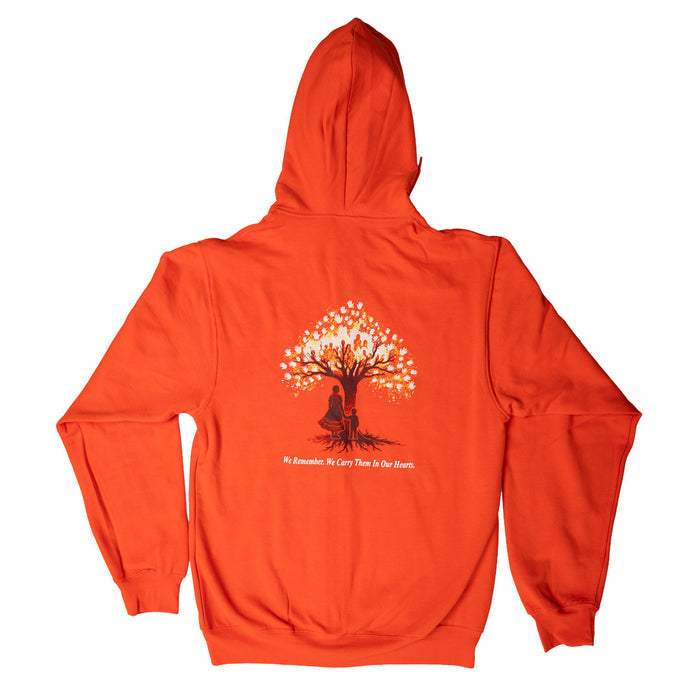 Orange hoodie with a tree design on the back against a white background
