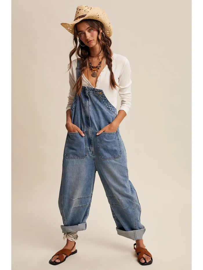 Western Wide-Leg Denim Overalls