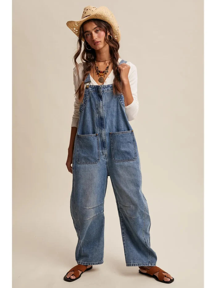Western Wide-Leg Denim Overalls