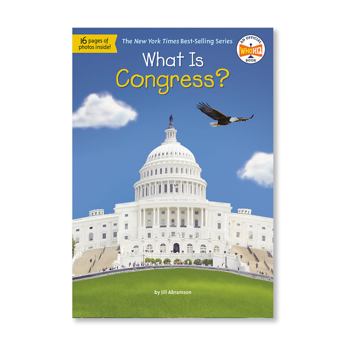 Book cover of 'What Is Congress?' with the U.S. Capitol building and an eagle on a blue sky background.