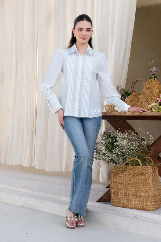 White embellished collar shirt women
