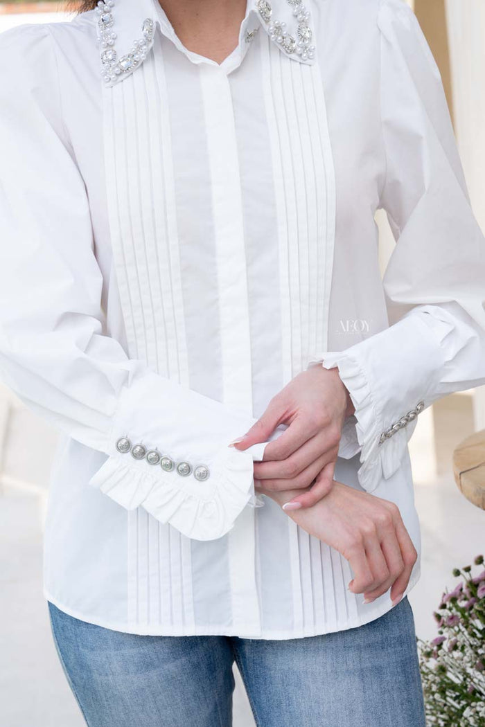 Elegant white shirt embellished neckline
