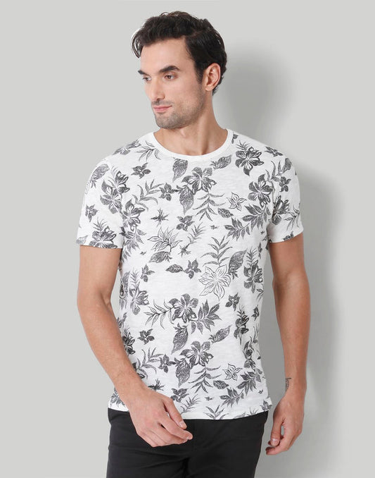 White Floral Print Crew Neck T-Shirt