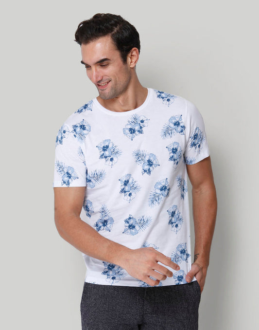 White Floral Print Crew Neck T-Shirt
