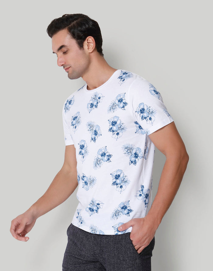 White Floral Print Crew Neck T-Shirt