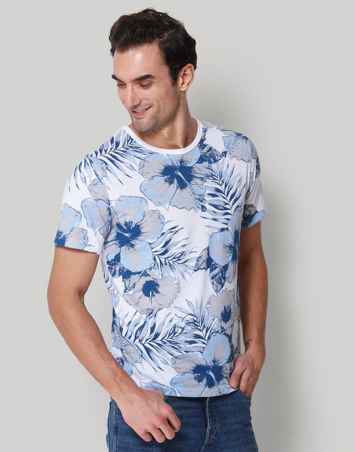White Floral Print Crew Neck T-Shirt