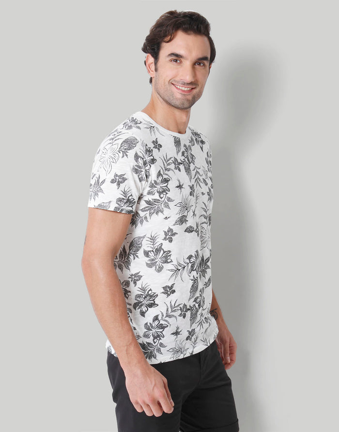 White Floral Print Crew Neck T-Shirt