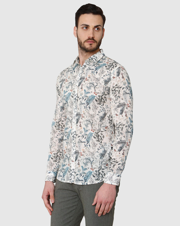 White Floral Print Full Sleeves Shirt