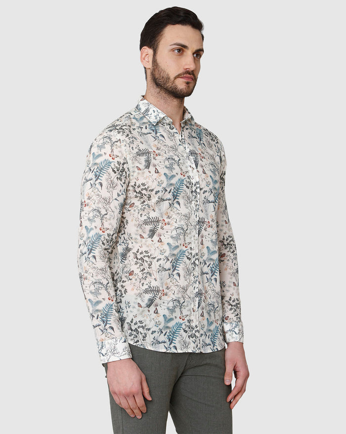 White Floral Print Full Sleeves Shirt