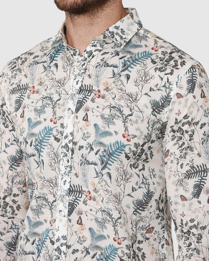 White Floral Print Full Sleeves Shirt