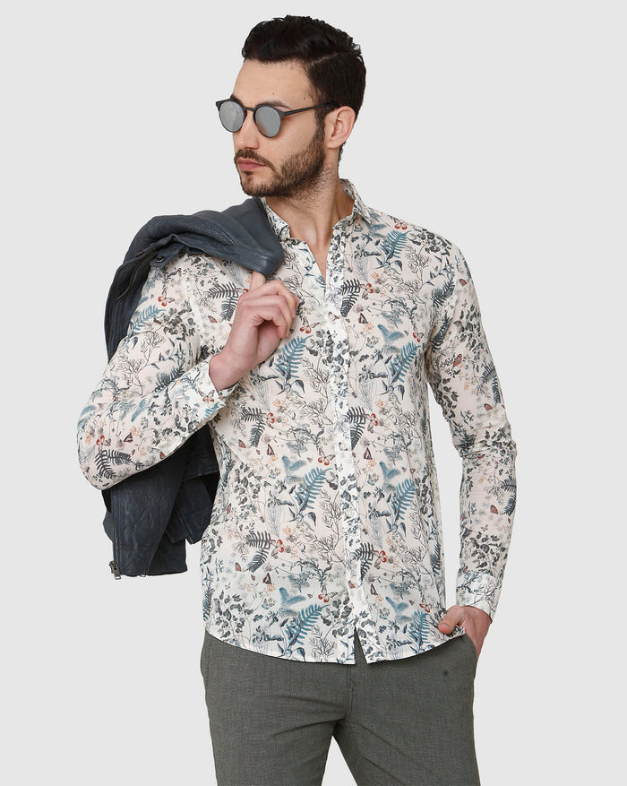 White Floral Print Full Sleeves Shirt
