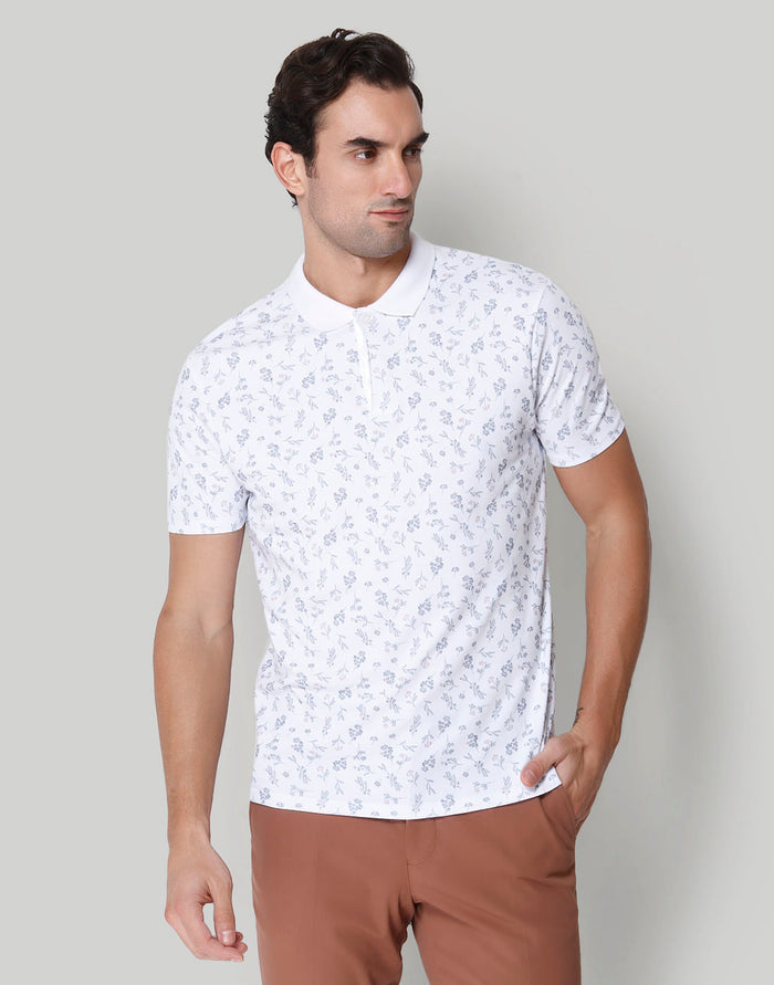 White Floral Print Polo Neck T-Shirt