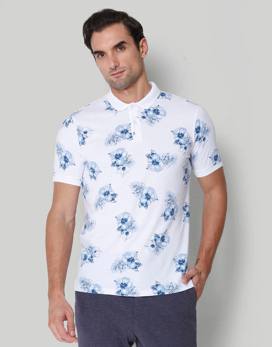 White Floral Print Polo Neck T-Shirt