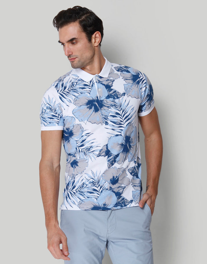 White Floral Print Polo Neck T-Shirt